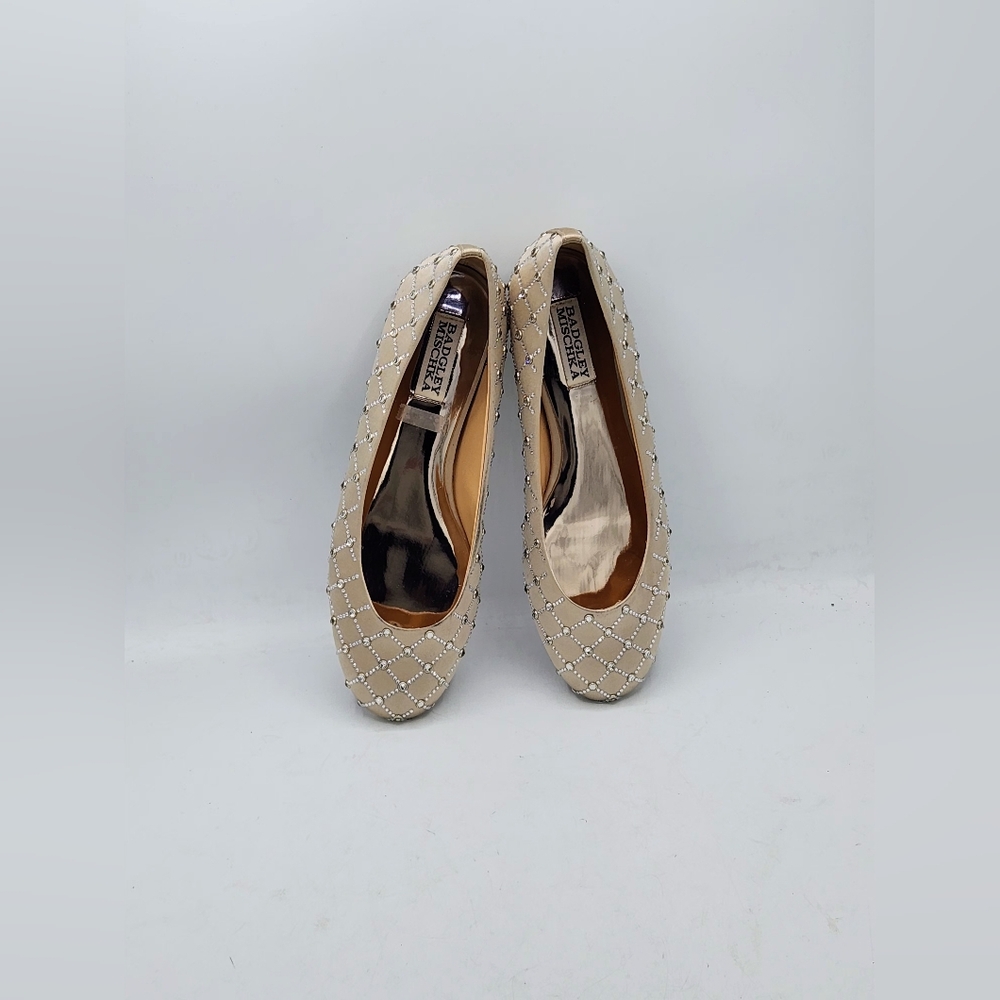 NWOB Badgley Mischka Crystal Embellished Satin Flats In Champagne Size 7 - Picture 10 of 16
